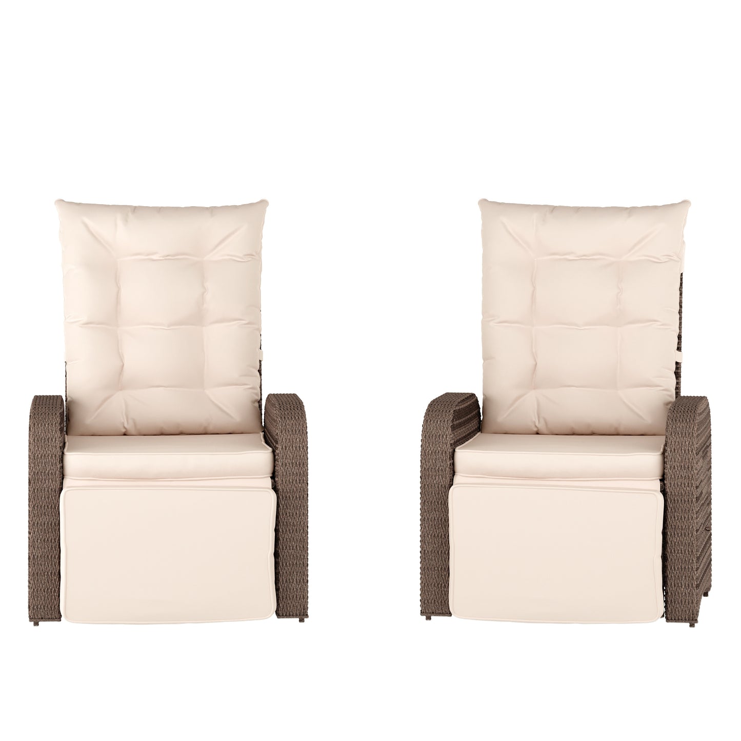 Flash Furniture Nemo Set of 2 Indoor/Outdoor Patio Wicker Rattan Recliner Lounge Chairs with Flip up Side Tables; Beige and Brown