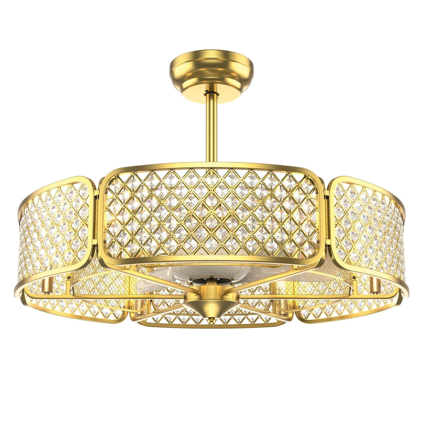 Slickblue 30 Inch Brown/Golden Ceiling Fan with Iron/PP Blades 3-Blade Crystal Lampshade 6 Light Bases Integrated Light Fixture Remote Control Included for Living Room Bedroom