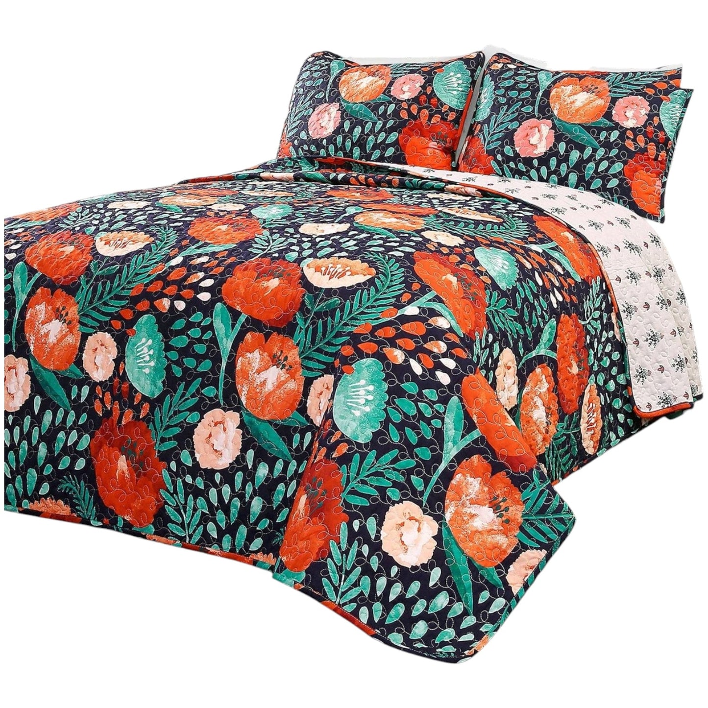 Slickblue 3-Piece- Red Poppy Navy Teal- King - Full/ Queen- Cotton Boho Floral Quilt Set for Master or Guest Bedroom Use