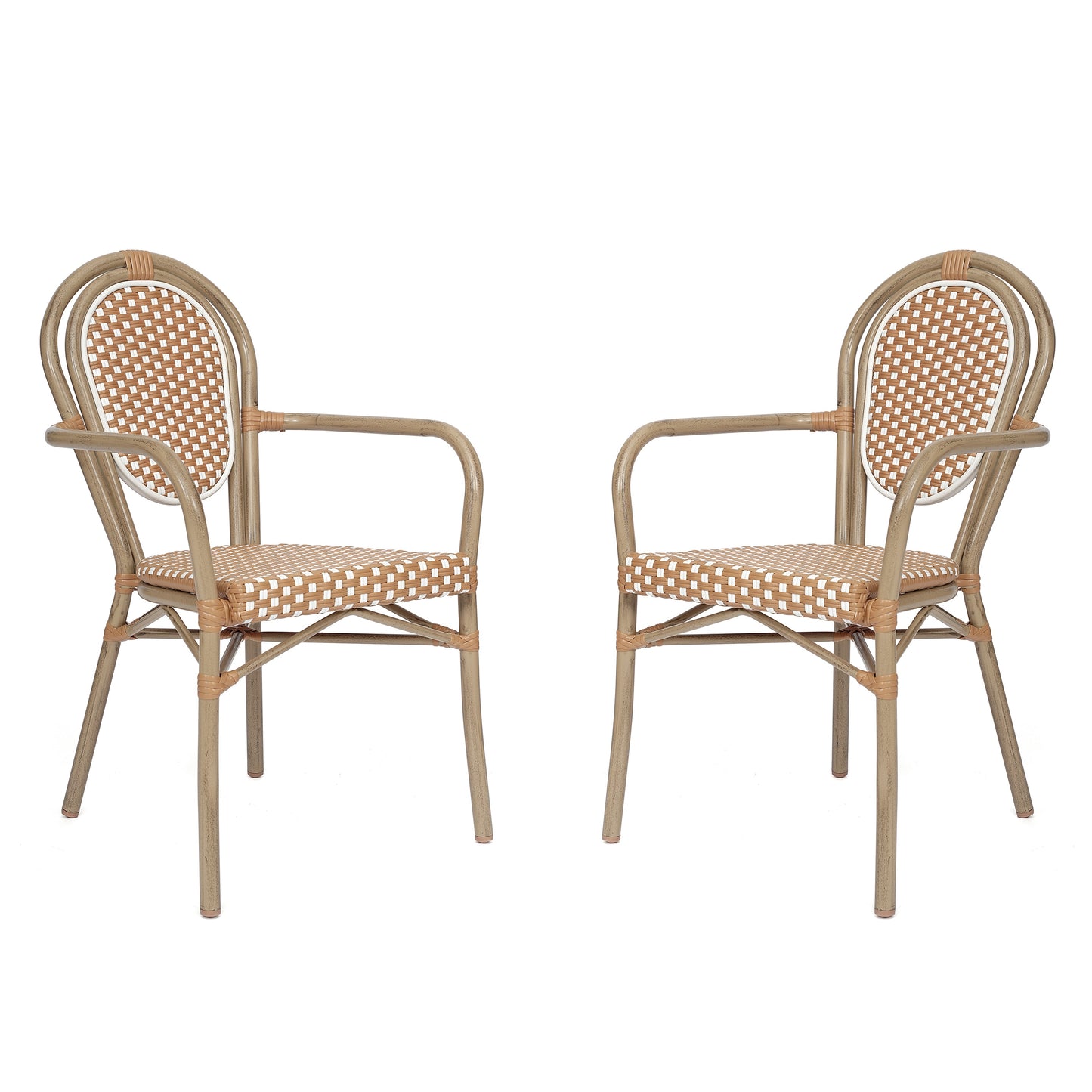 Merrick Lane Celia Set of Two Stacking Thonet Bistro Style Chair with Arms; Natural and White PE Rattan Seat; and Lt Bamboo Metal Frame for Indoor/Outdoor Use