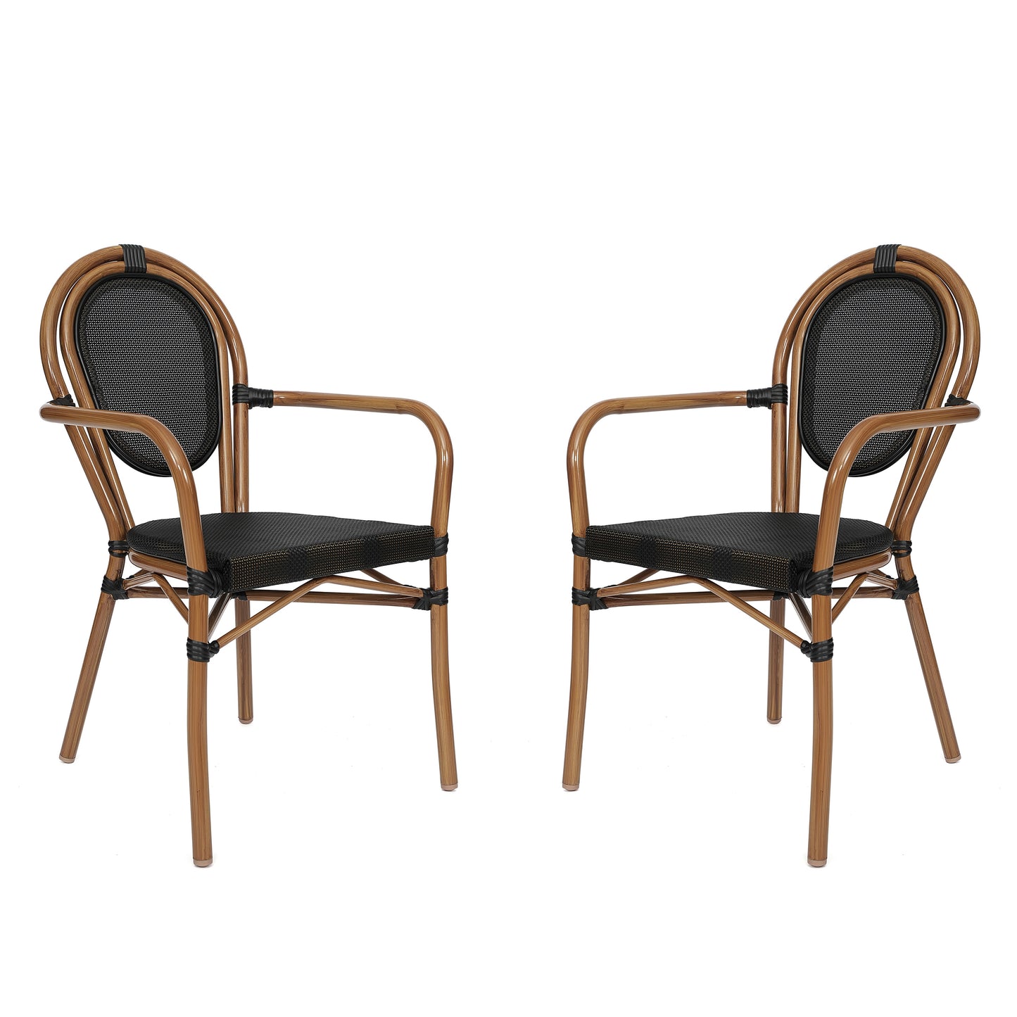 Merrick Lane Mael Set of Two Stacking Thonet Bistro Style Chair with Arms; Black Textilene Seat; and Bamboo Finished Metal Frame for Indoor/Outdoor Use