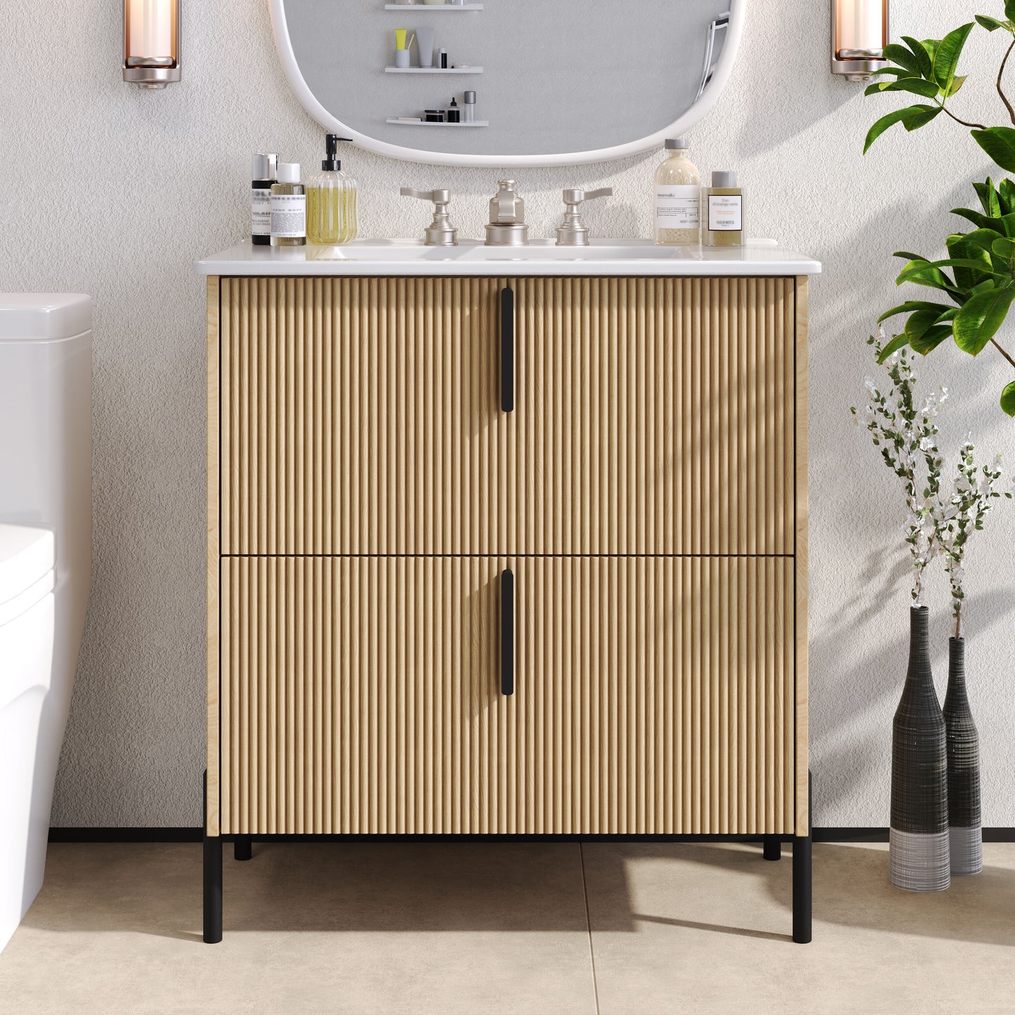 Tatayosi 30 Inch Natural Finish Bathroom Vanity with Ceramic Sink and Fluted Design Two Full Extension Drawers Soft Close Storage Cabinet