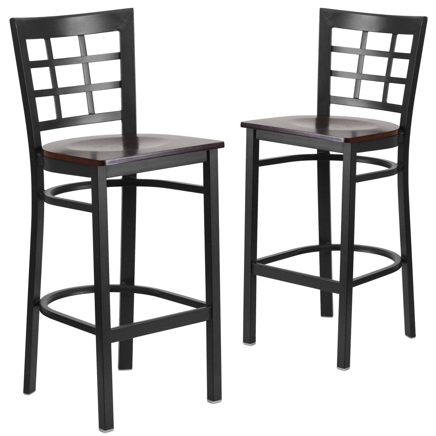 Emma + Oliver 2 Pack Black Window Back Metal Restaurant Barstool - Walnut Wood Seat