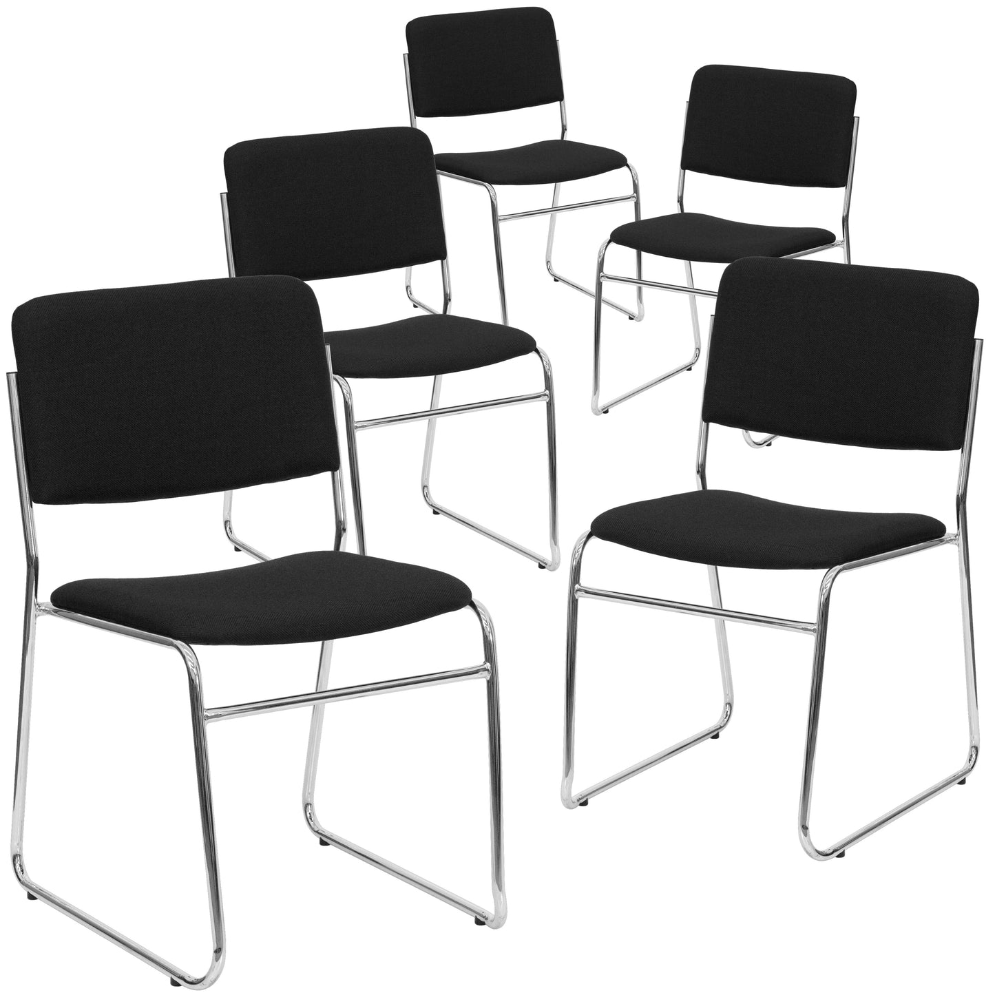Emma + Oliver 5 Pack 500 lb Rated Black Fabric High Density Stacking Chair - Chrome Sled Base
