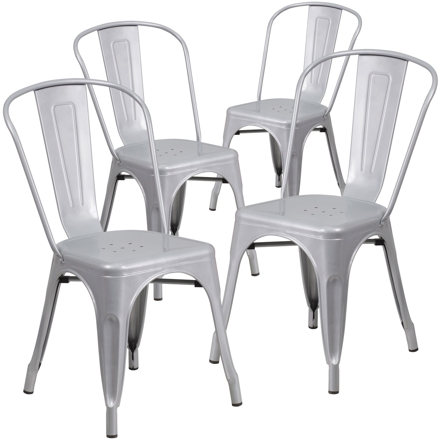 Emma + Oliver 4 Pack Silver Metal Indoor-Outdoor Stackable Chair - Restaurant Bistro Chair
