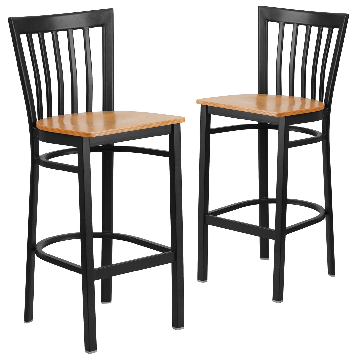 Emma + Oliver 2 Pack Black School House Back Metal Restaurant Barstool - Natural Wood Seat