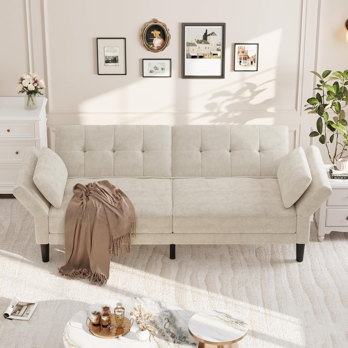 Qeetex 89 inch Chenille Futon Sofa Bed Modern Convertible Sleeper Couch with Adjustable Backrest and Armrests 3 Seat Sofa with 2 Pillows for Apartment Beige