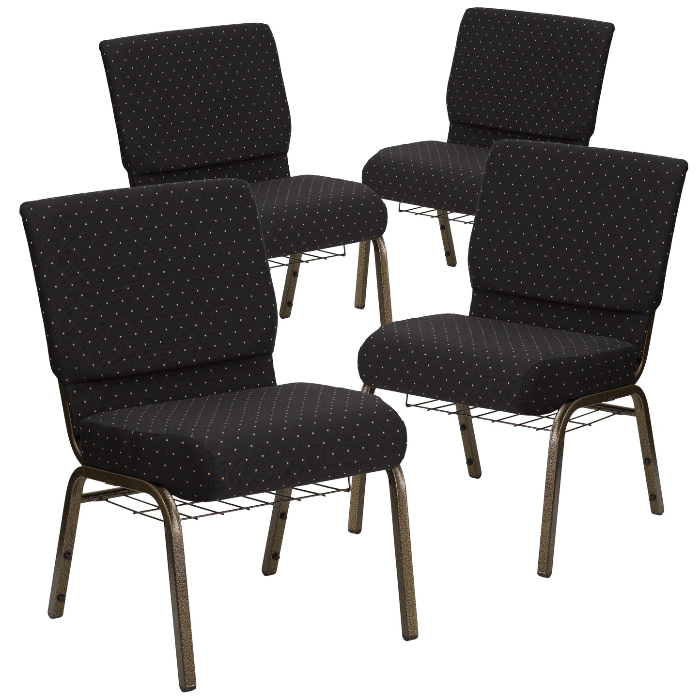 Emma + Oliver 4 Pack 21-in W Church Chair in Black Dot Patterned Fabric - Cup Book Rack - Gold Frame