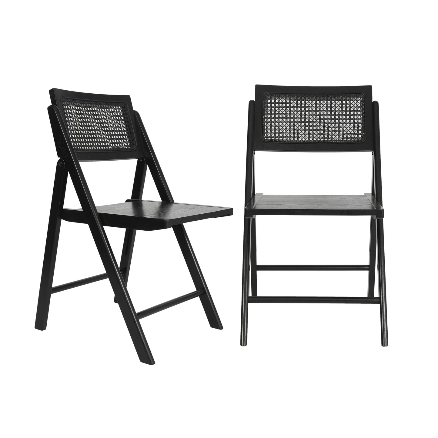 Flash Furniture Galene Set of 2 Cane Rattan Folding Chairs with Solid Wood Frame and Seat and Ventilated Back; Perfect for Events or Additional Seating; Natural/Black