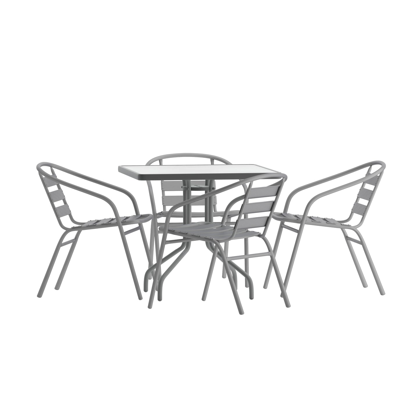 Flash Furniture Lila 31.5-in Square Glass Top Metal Table with 4 Silver Aluminum Slat Stack Chairs