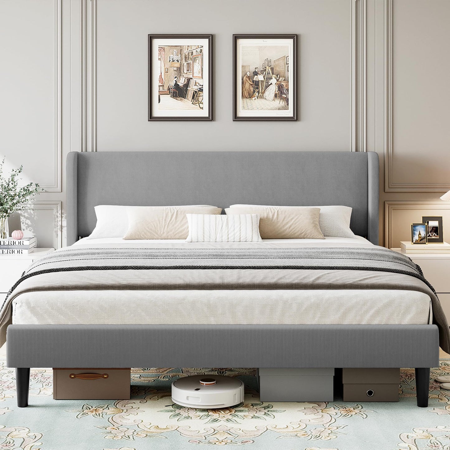 Qeetex King Light Gray Upholstered Bed Frame with Wingback Headboard Luxurious Velvet Platform Bed Wooden Slat Support Easy Assembly
