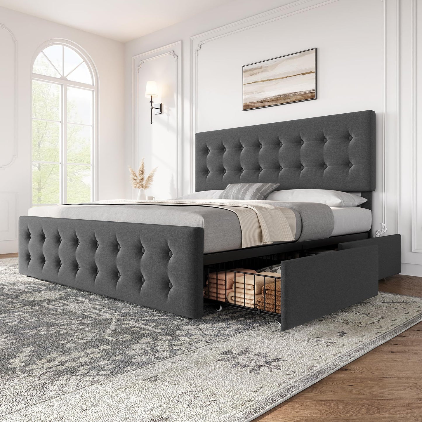 Qeetex King Dark Gray Bed Frame with 4 Storage Drawers and Headboard Faux Leather Upholstered Platform Bed with Wooden Slats Support Button Tufted Design No Box Spring Needed