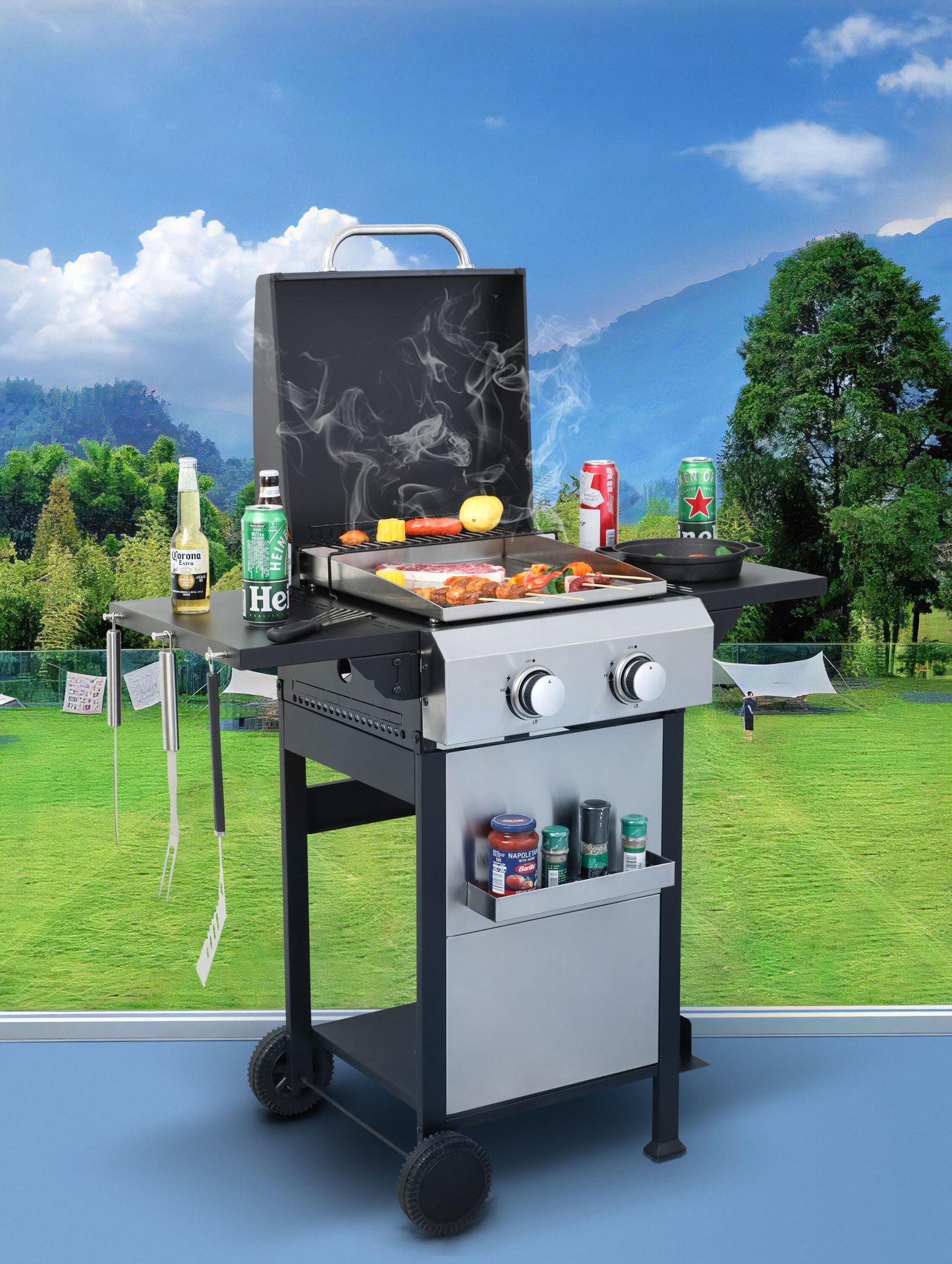 LOVMOR 2Burner Propane Gas BBQ Grill SS Plancha 24600BTU Output With Wire Enamel Cooking Grids