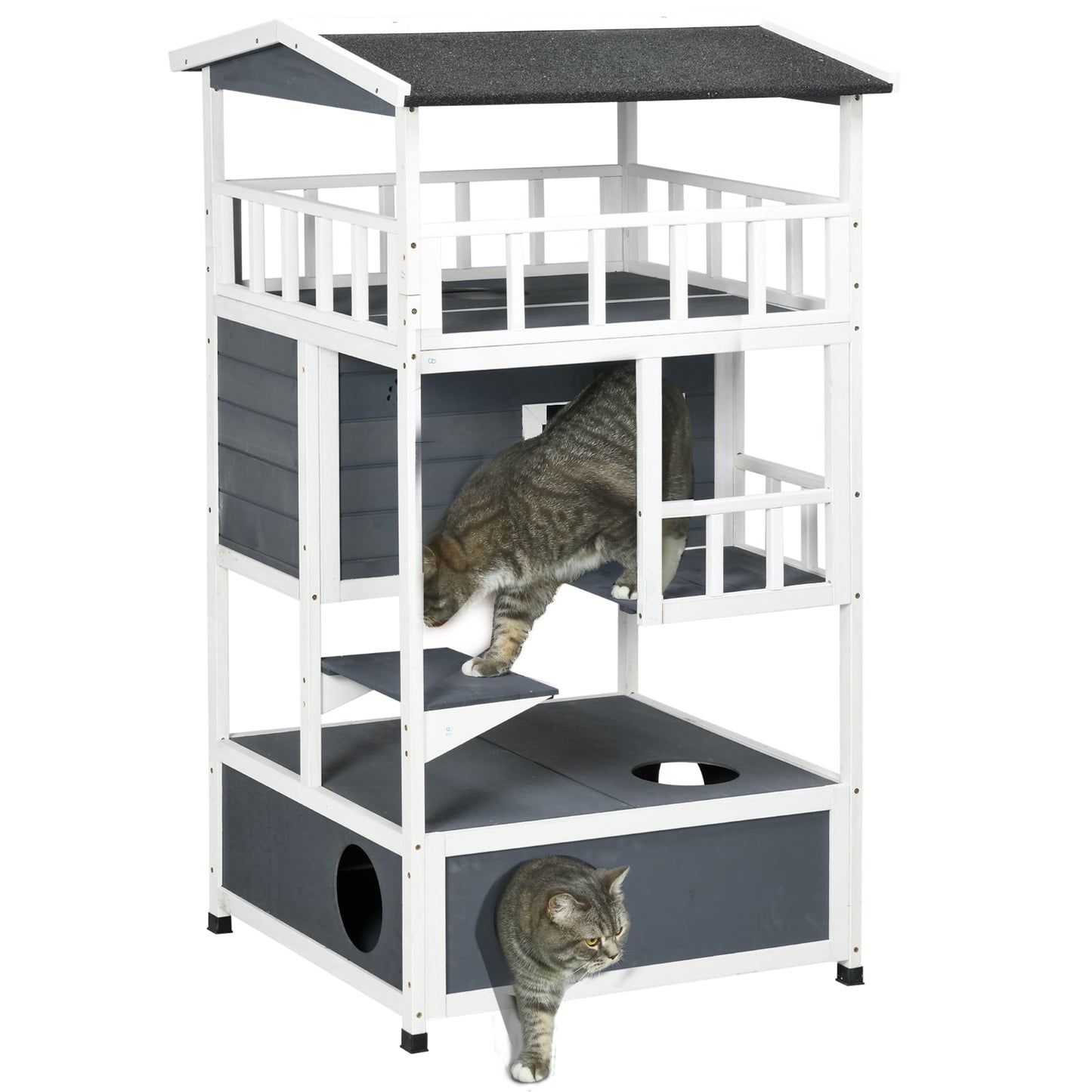 LOVMOR Wooden Outdoor Cat House Feral Cat Shelter Kitten Tree with Asphalt Roof Escape Doors Condo Jumping Platform Grey