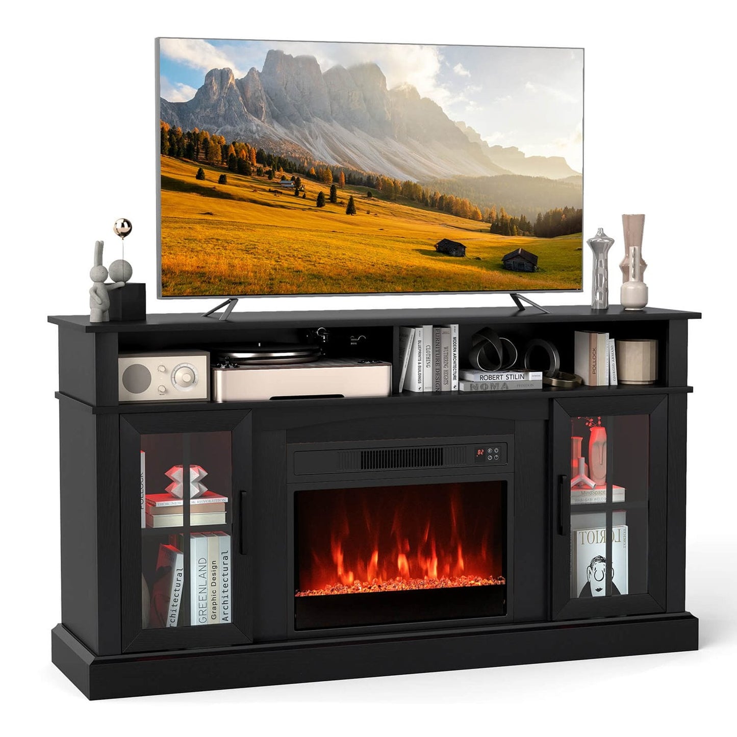 Costway 58 inches Fireplace TV Stand with LED Lights Entertainment Center for 65 Inch TV Black