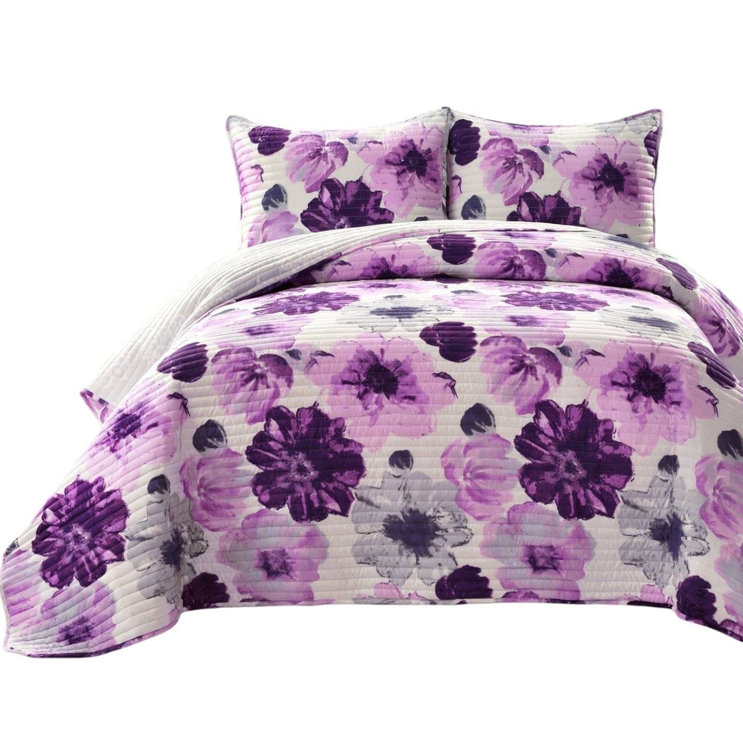 Slickblue 3-Piece Purple Gray- King-Full/Queen- Floral Reversible Polyester Microfiber Quilt Set for Master or Guest Bedroom