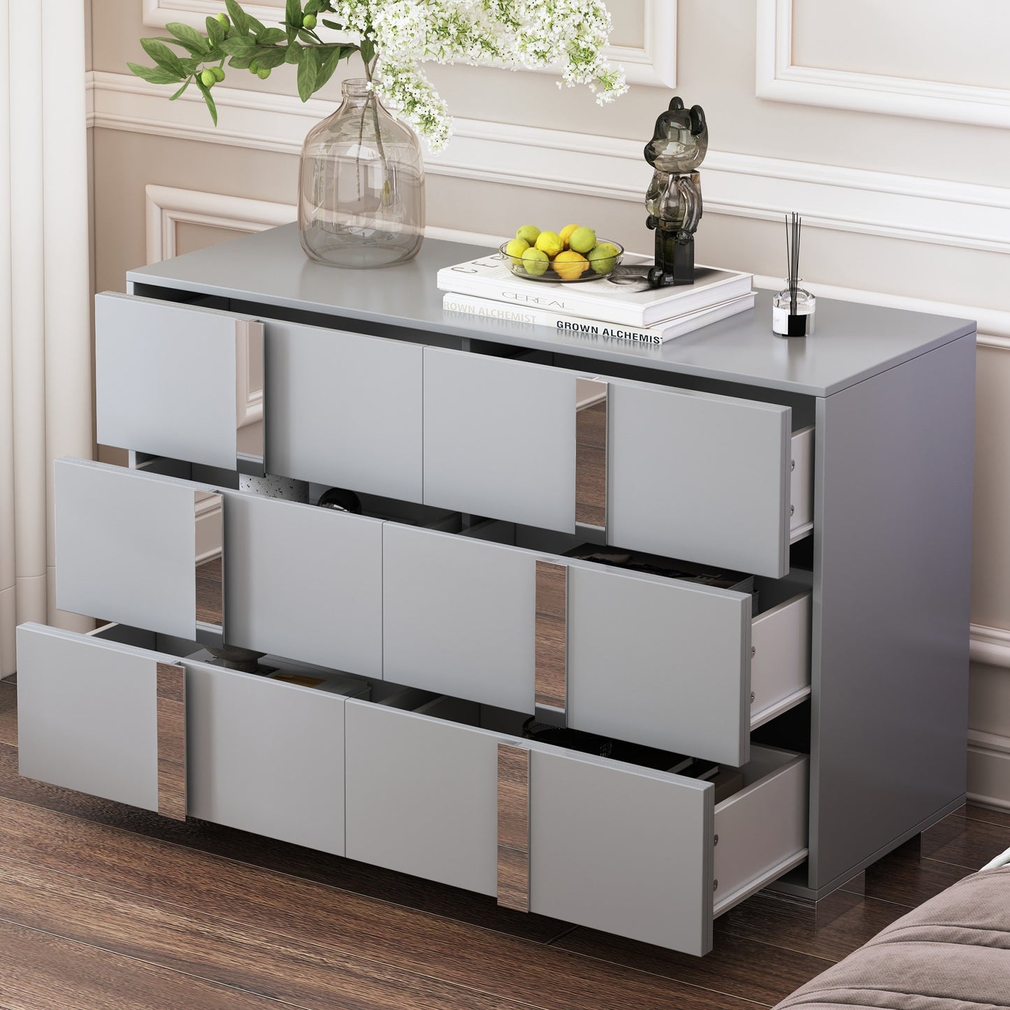 Dexmalle Gray Elegant Modern Dresser with 6 Drawers and Metal Foot