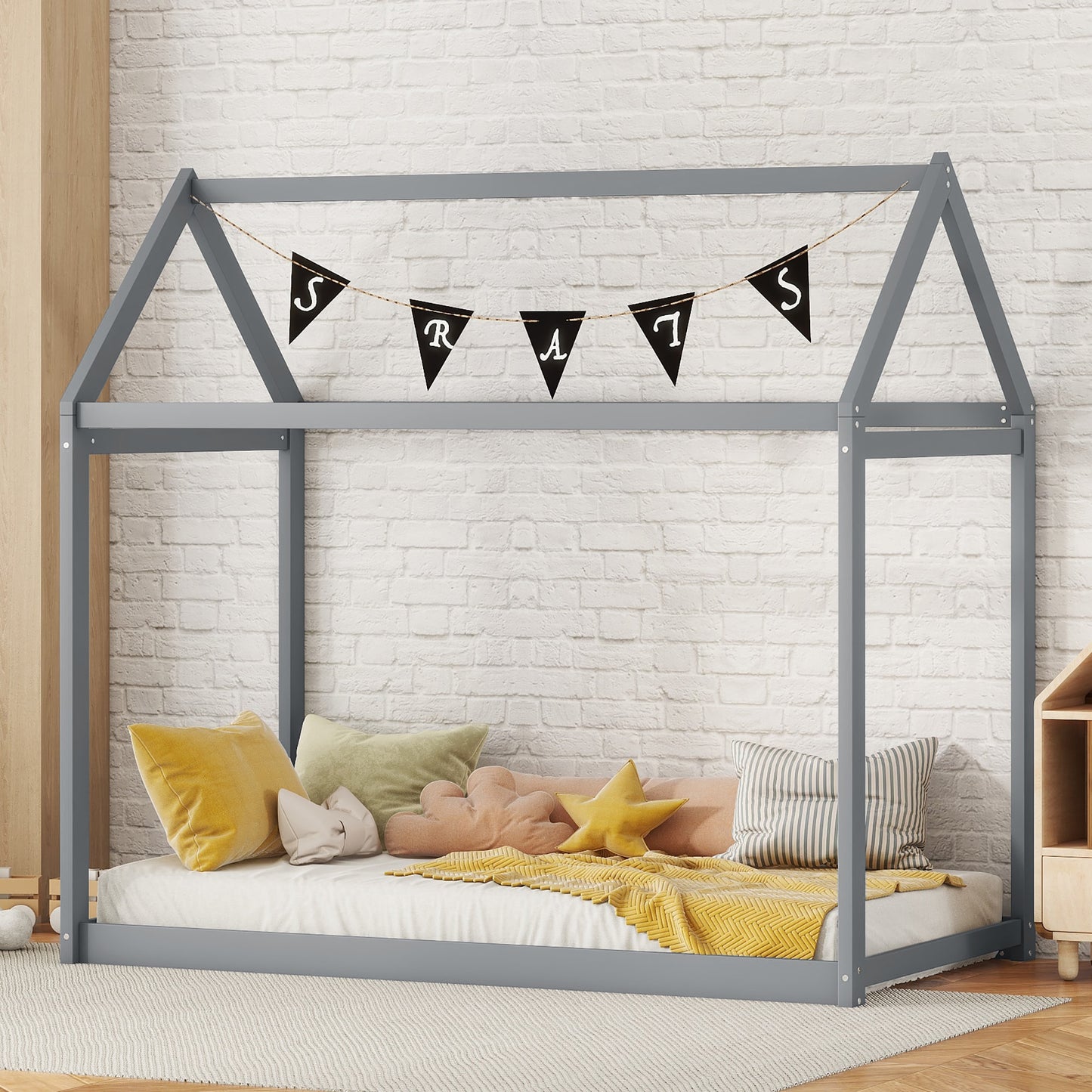LOVMOR Twin Size Wooden House Bed Gray