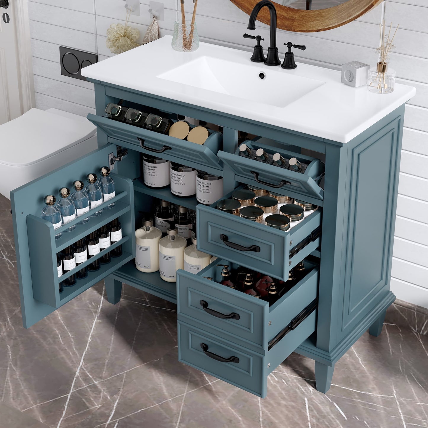 ModernLuxe 36 Inch Bathroom Vanity with Ceramic Sink Top Solid Wood Frame MDF Poplar Cabinet Flip Drawers Adjustable Shelf and Zinc Alloy Handles Freestanding Storage Cabinet Faucet Not Included