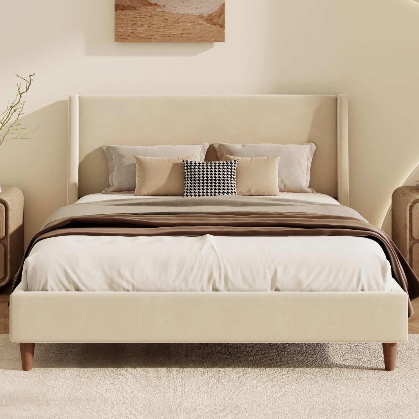 ModernLuxe Modern Beige Velvet Upholstered Platform Bed with Wingback Headboard and Walnut Wooden Legs Queen Size