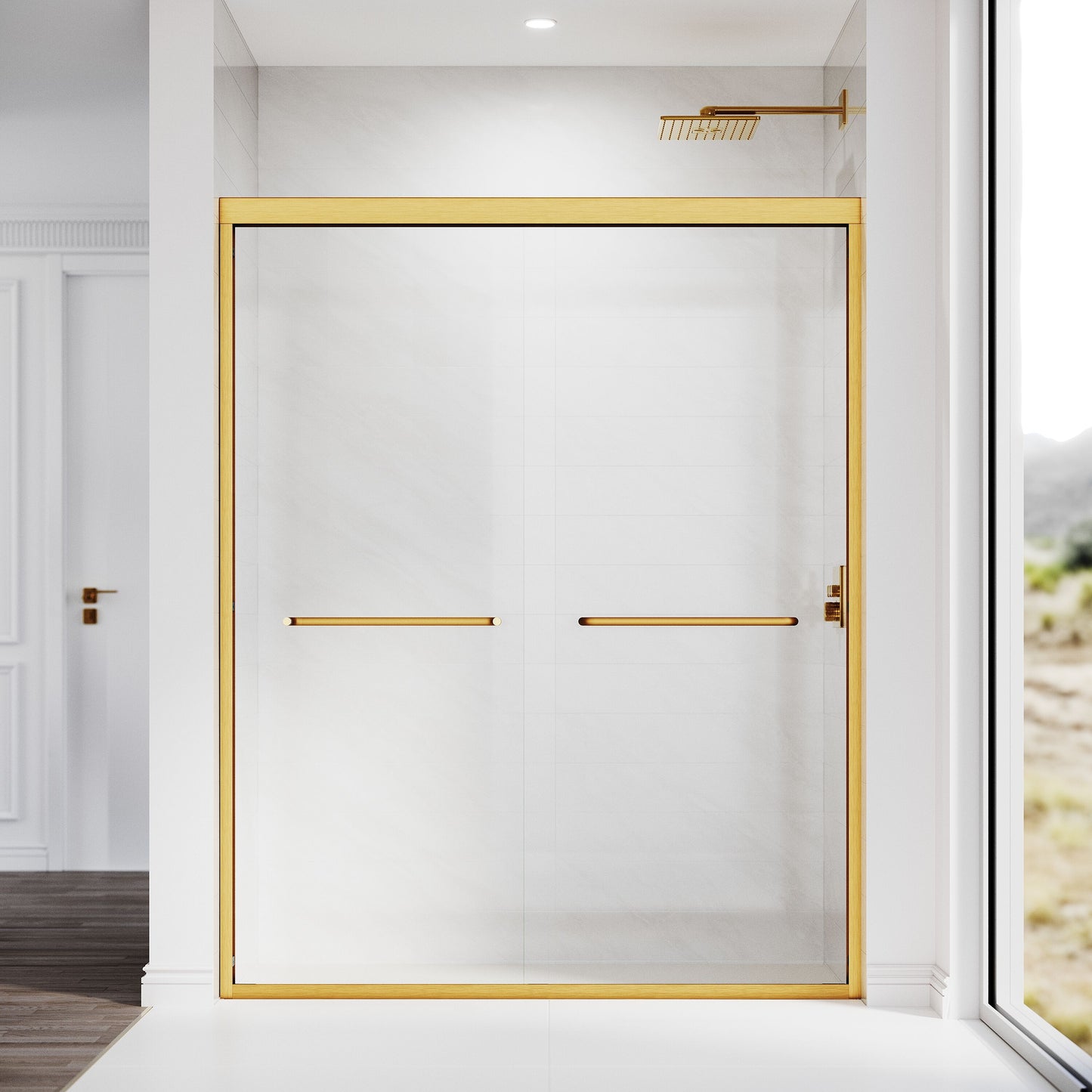 LOVMOR Sliding Shower Glass Door 56-60 in W x 72 in H Adjustable Semi Frameless Shower Door Certified Thick Clear Clear Tempered Glass 304 Stainless Steel Handles Brushed Gold