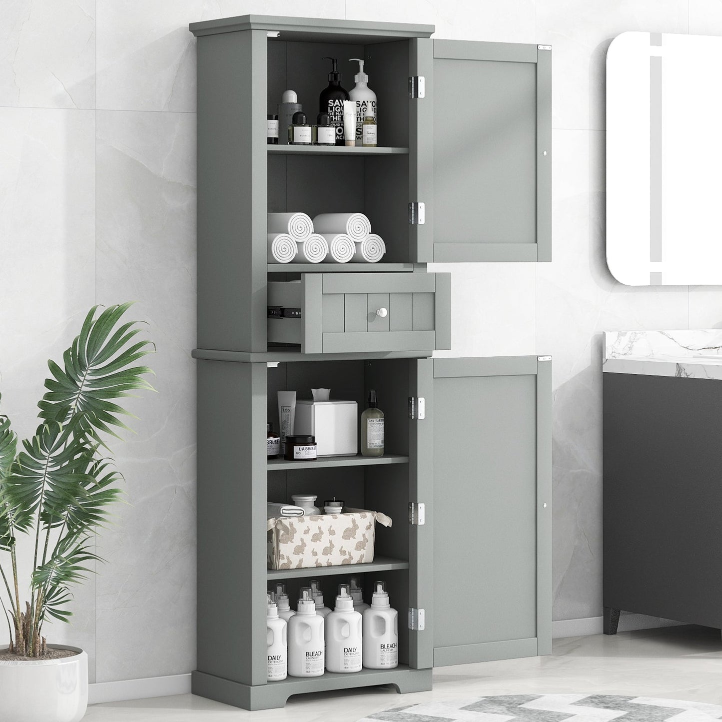 Dexmalle Grey Freestanding Tall Bathroom Storage Cabinet with Adjustable Shelf