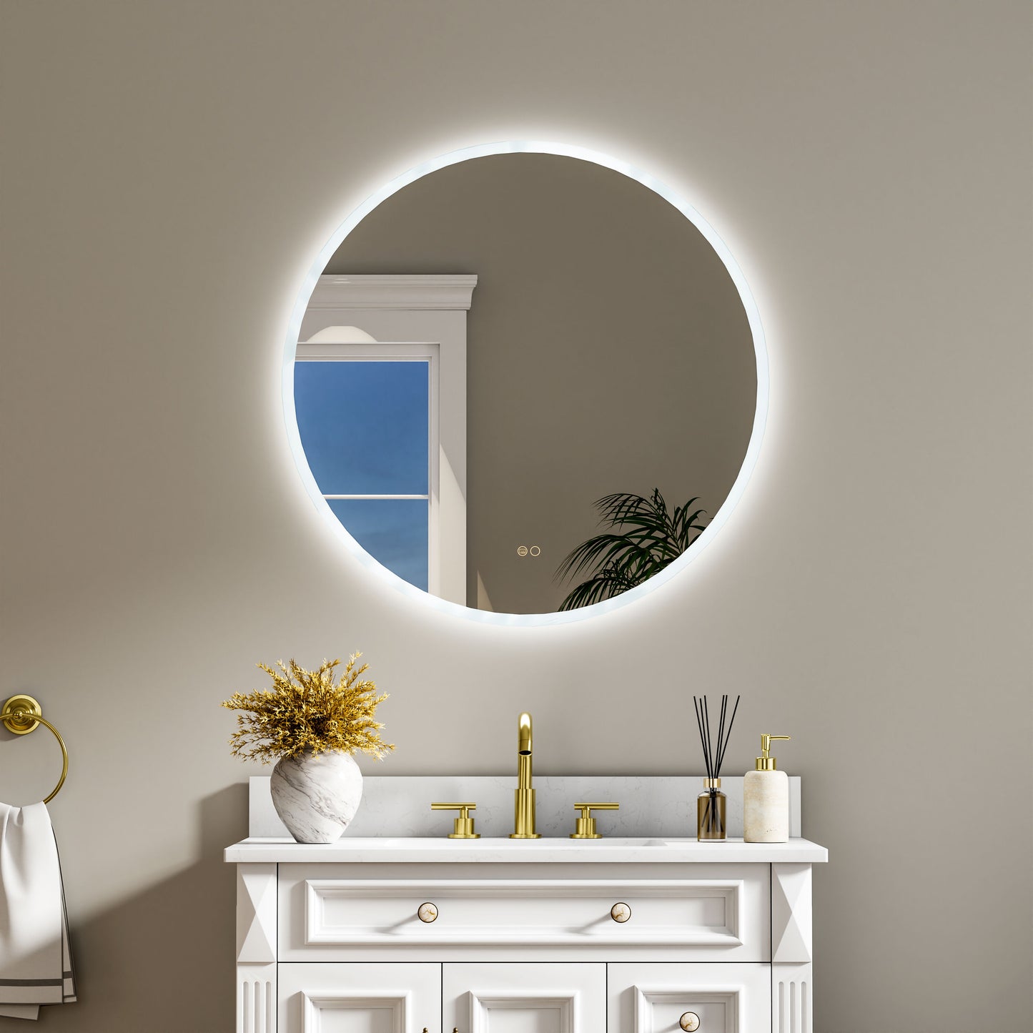 CALVON 32-in x 32-in Polished Frameless Round Dimmable LED Lighted Fog Free Bathroom Vanity Mirror ( Silver )