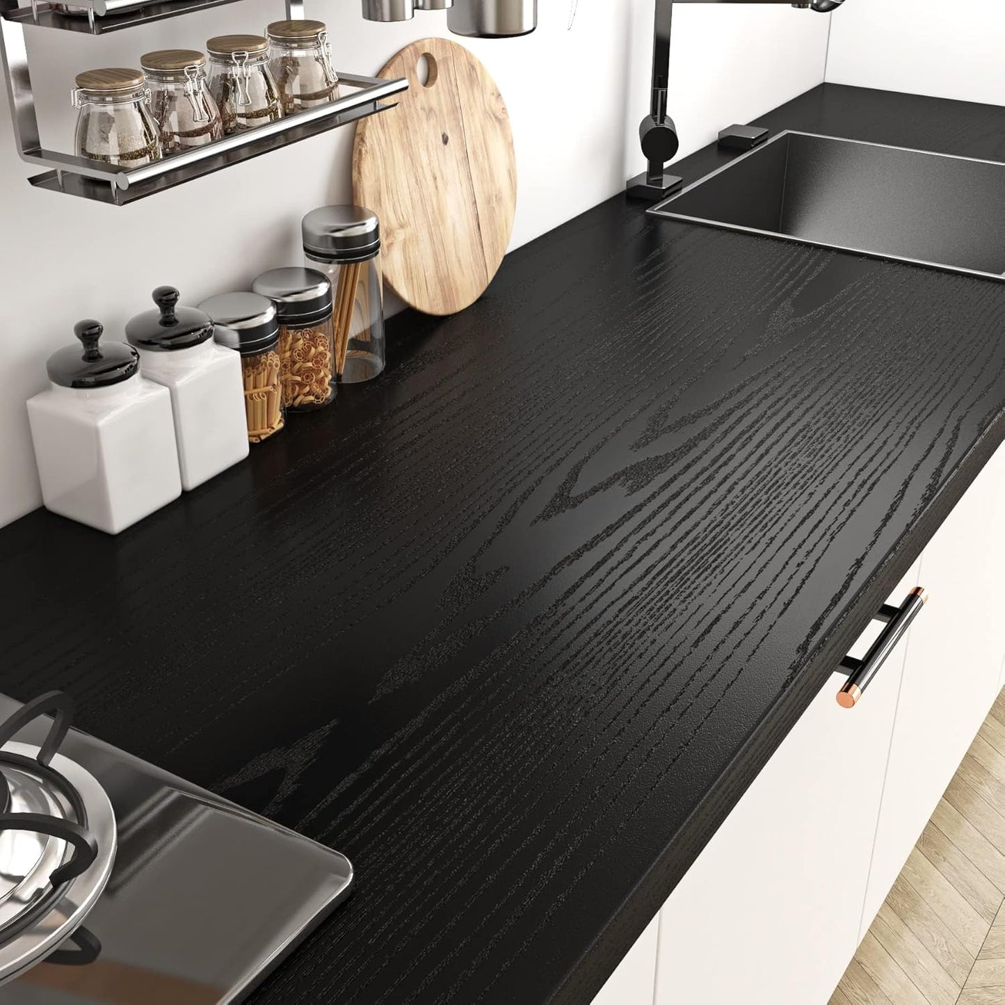 Livelynine Black Wood Contact Paper Kitchen Cabinet Vinyl Wrap Waterproof Contact Paper Wood Black Wall Paper Roll Adhesive Kitchen Countertop Wallpaper Peel and Stick Cabinet Covering