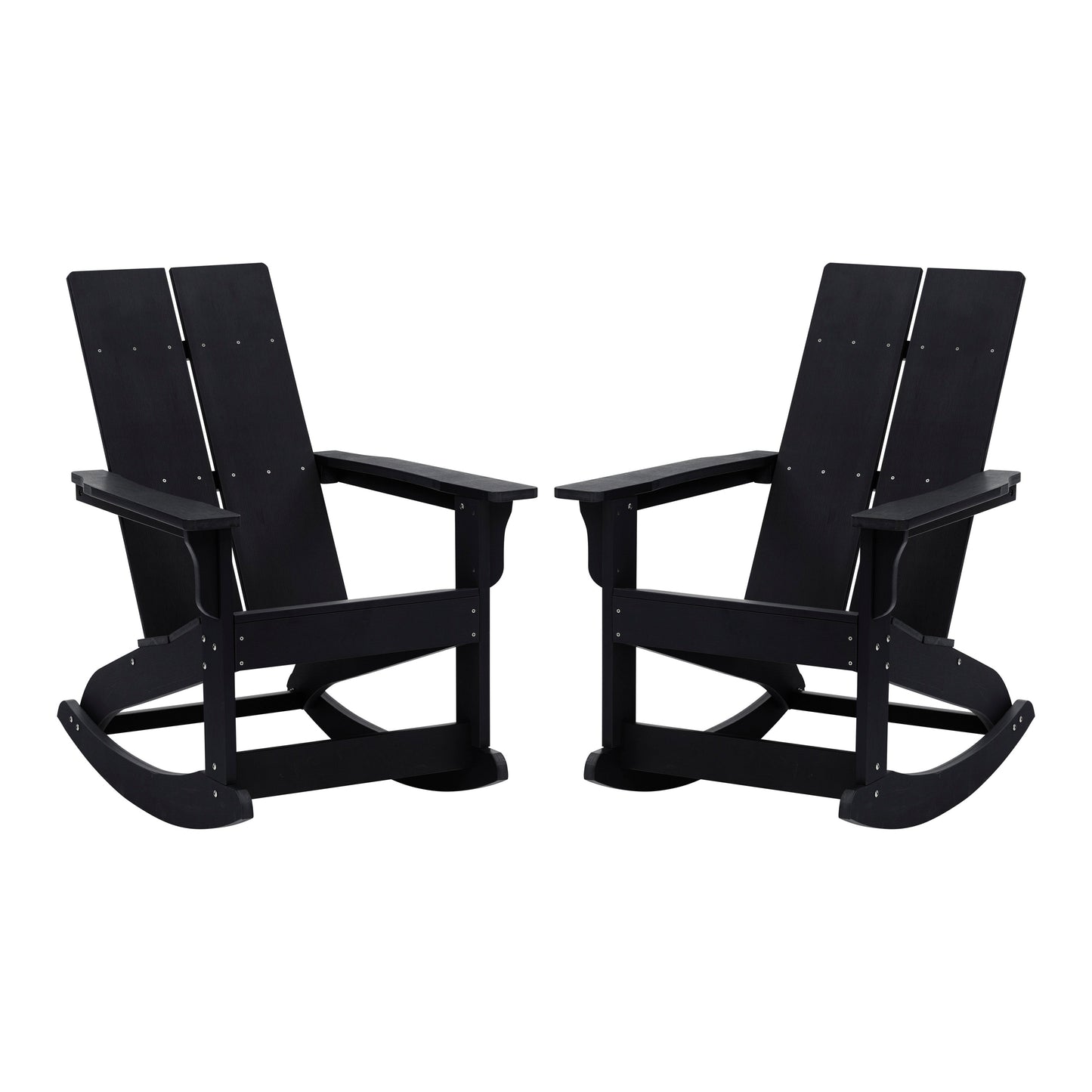 Flash Furniture Finn Modern Commercial Grade All-Weather 2-Slat Poly Resin Rocking Adirondack Chair with Rust Resistant Stainless Steel Hardware in Black - Set of2