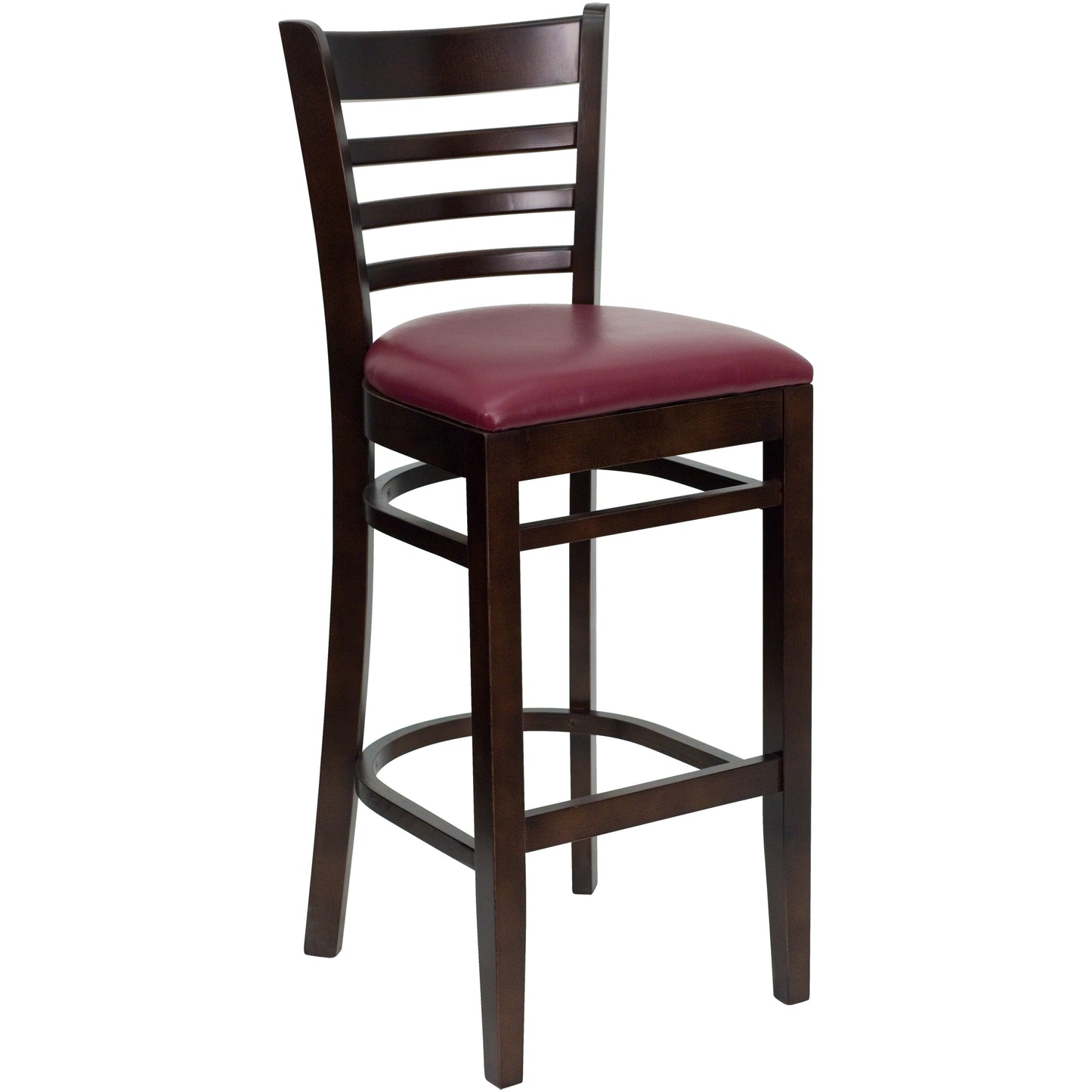 Emma + Oliver Ladder Back Walnut Wood Barstool; Burgundy Vinyl Seat