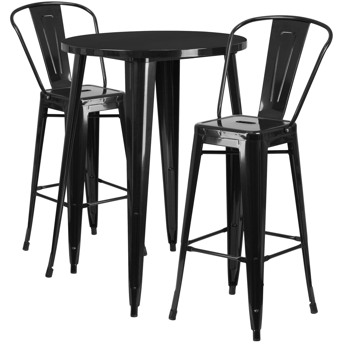 Emma + Oliver Commercial 30-in Round Black Metal Indoor-Outdoor Bar Table Set-2 Cafe Stools