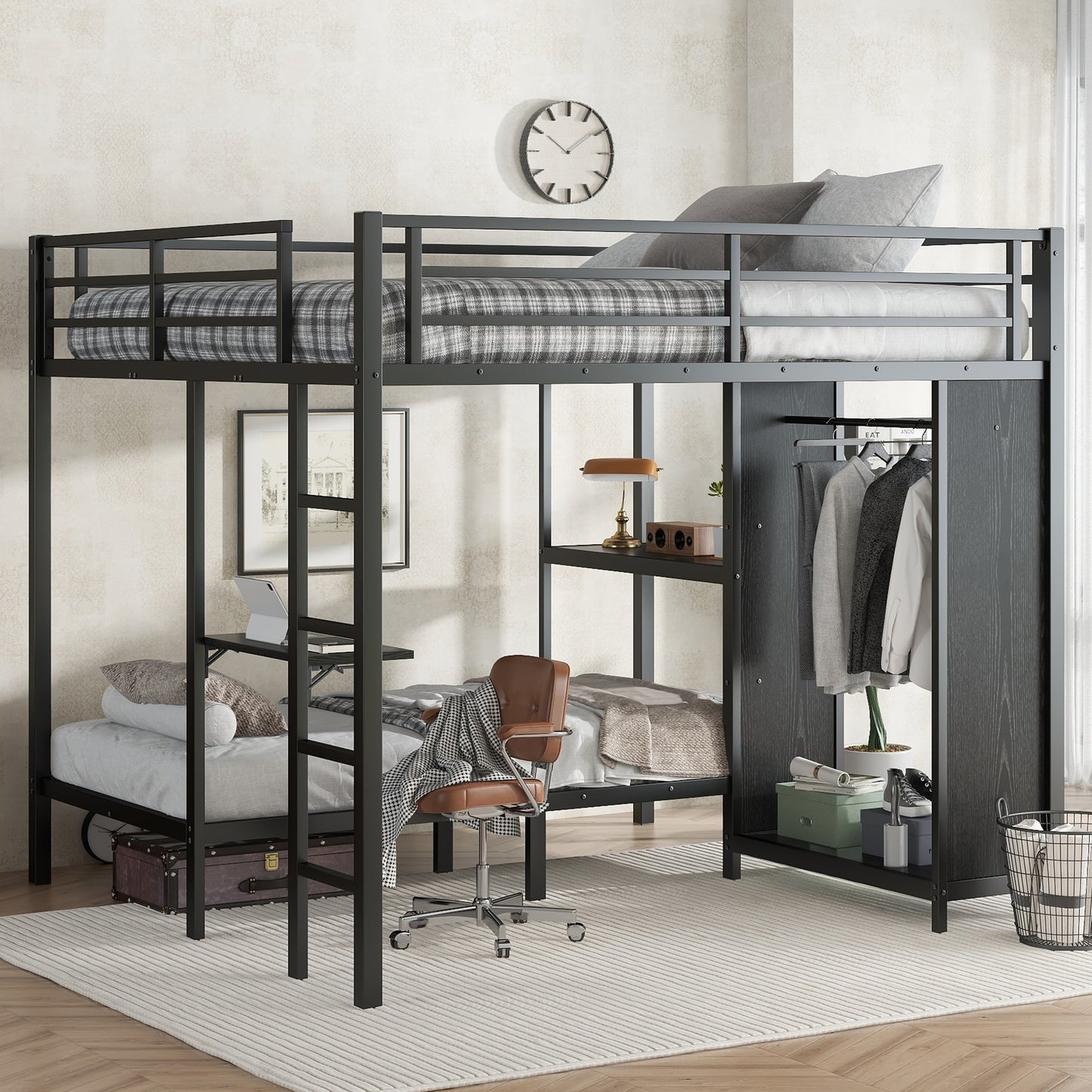 GDFStudio Black King over Twin XL Size Metal Bunk Bed Frame with Built-in Wardrobe Bunk Bed and Foldable Desk