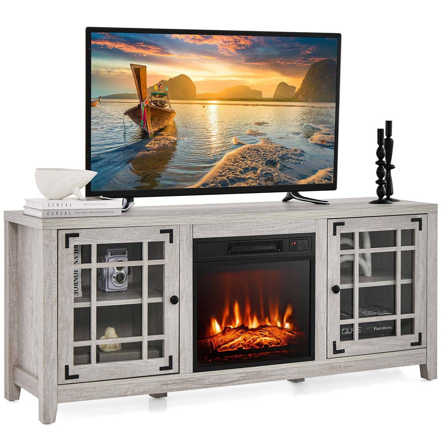 Costway 58 Inches Fireplace TV Stand for TVs up to 65 Inches with 1400W Electric Fireplace Natural