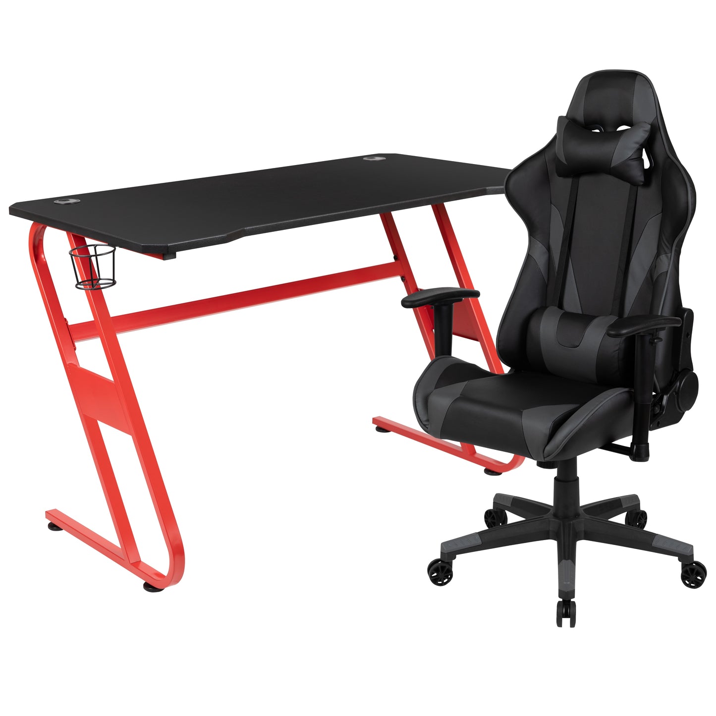Emma + Oliver Gaming Bundle-Desk; Cup Holder/Headphone Hook and Gray Reclining Chair