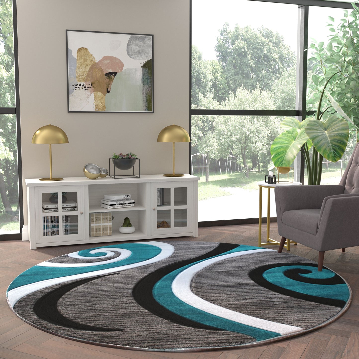 Emma + Oliver Modal 8x8 Round Accent Rug with Modern 3D Sculpted Swirl Pattern and Varied Texture Piling in Turquoise; Black; White and Gray