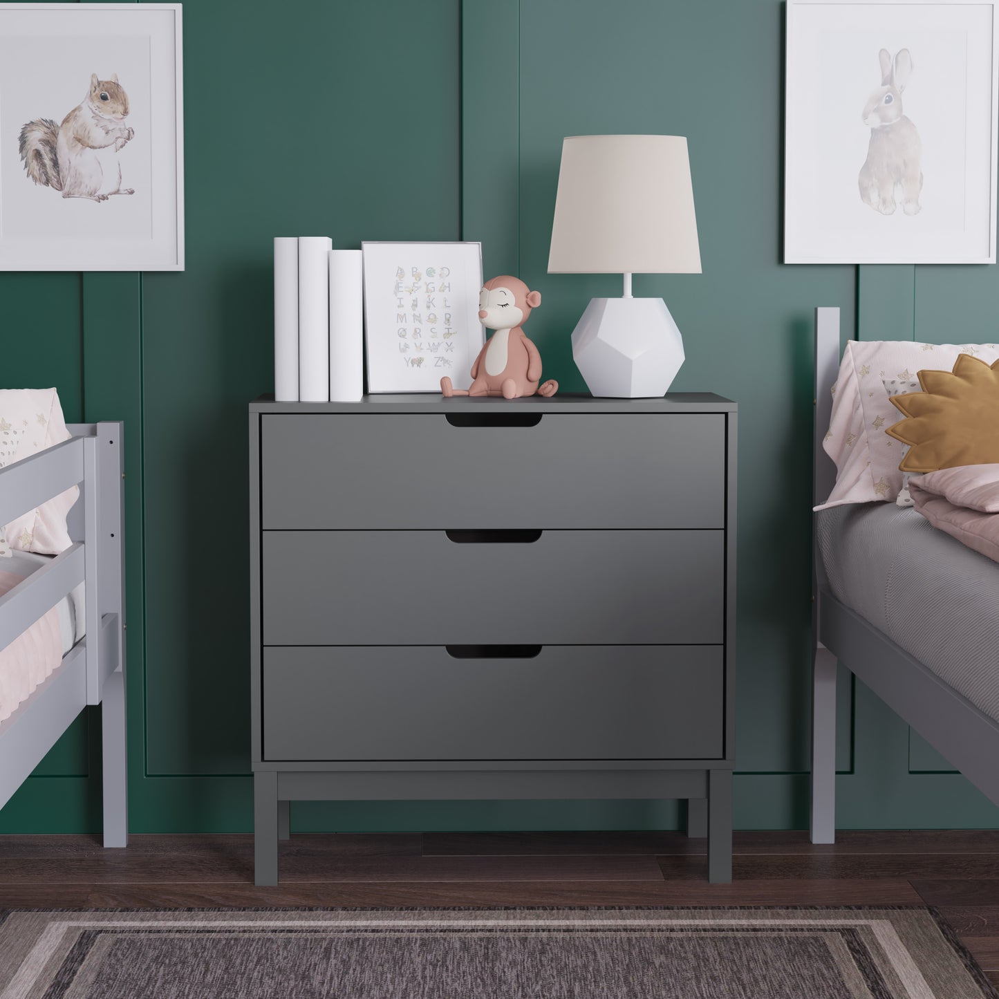 Emma + Oliver Samuel Kids Triple-Drawer Dresser with Gray Solid Wood Frame; Chest of Drawers for Kids Bedroom