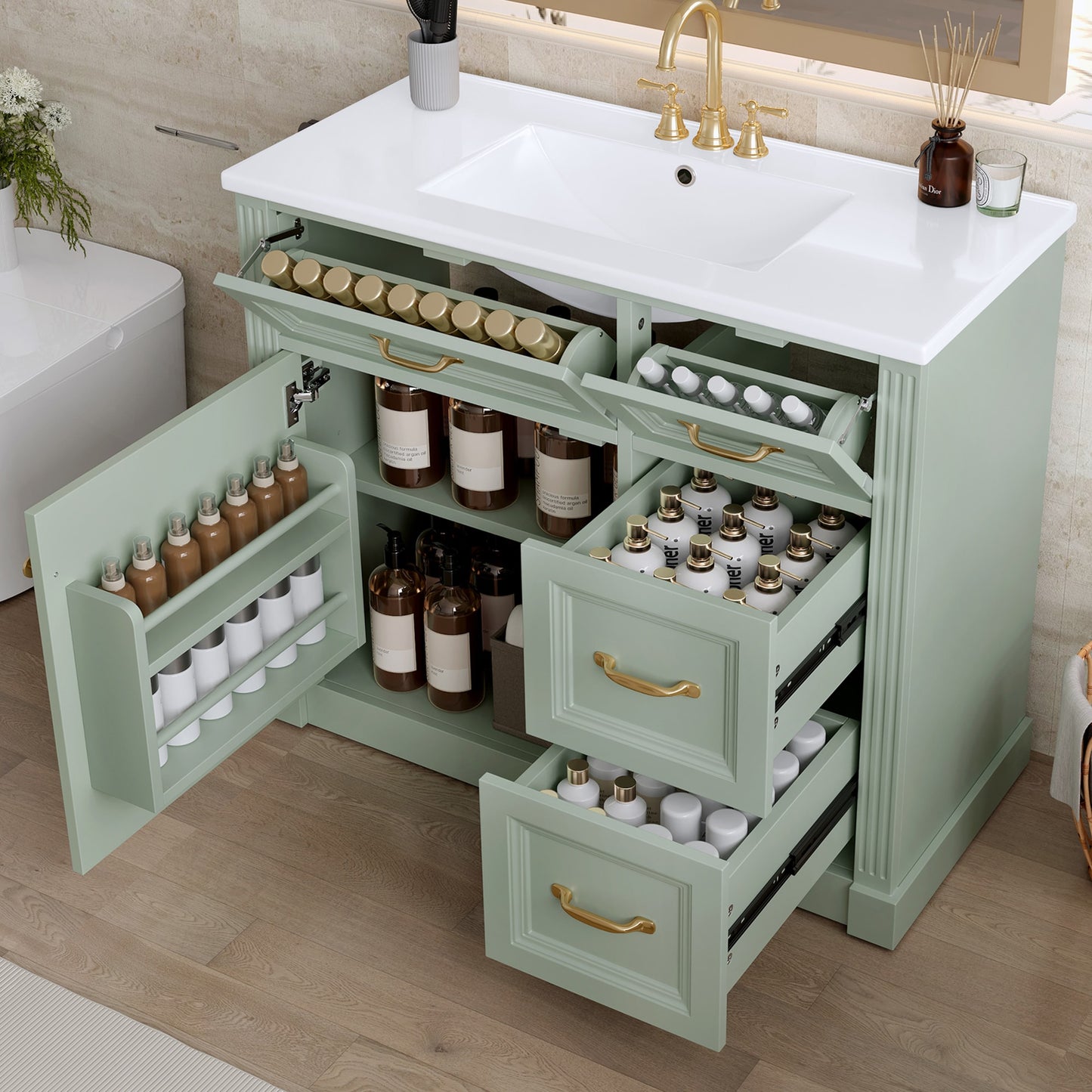 ModernLuxe 36 Inch Bathroom Vanity with Sink Cabinet with 4 Drawers SoftClose Door Adjustable Shelf Ceramic Basin Modern Storage Vanity for Bathroom Organization Green Finish