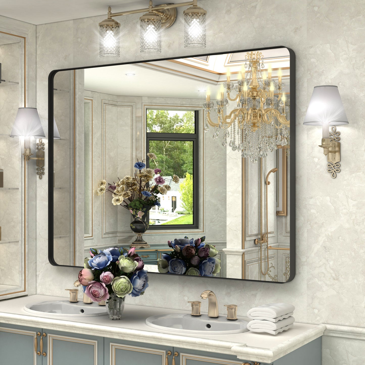 JANSNO Ptjz 48-in x 36-in Framed Rectangle Bathroom Vanity Mirror ( Black )