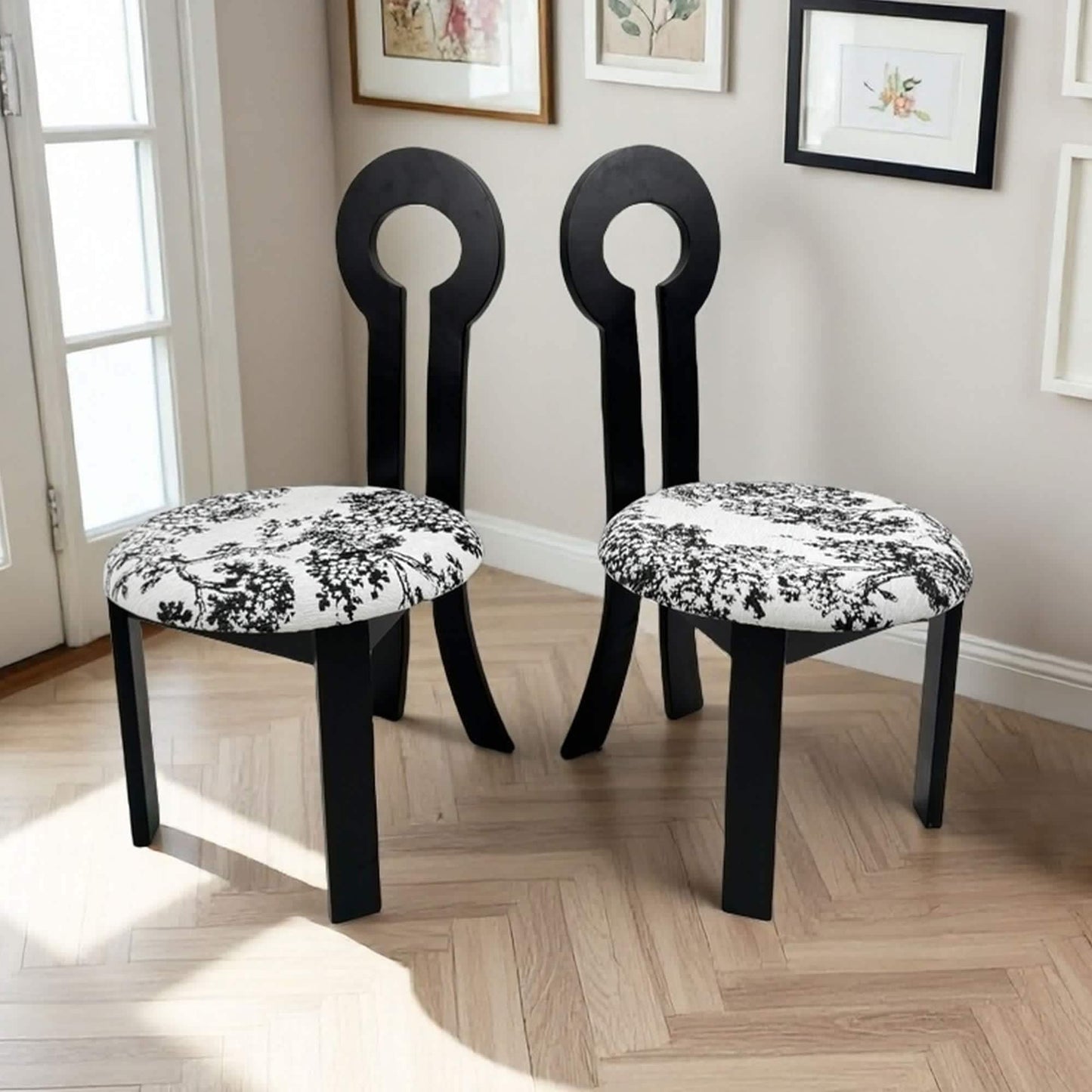 Vynxaria Dining Chairs Set of 2 Black Key Design Solid Wood Linen Upholstered White Round Velvet Cushion Wood Grain for Kitchen Dining Room
