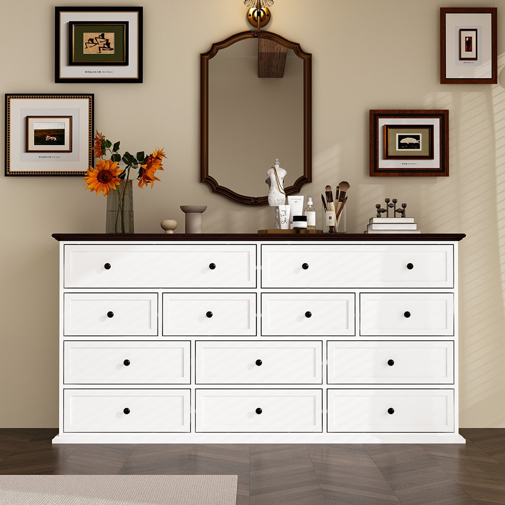 Vintage Storage Dresser with 12 Drawers Black Handles and Brown Top Modern Wood Dresser Chest of Drawers 61''L x 15.7''W x 31.5''H White