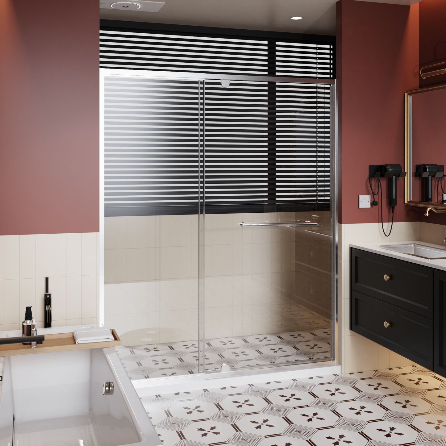 LOVMOR Pivot Shower Door 6MM Clear Tempered Glass Swing Door Stainless Steel Handle Chrome