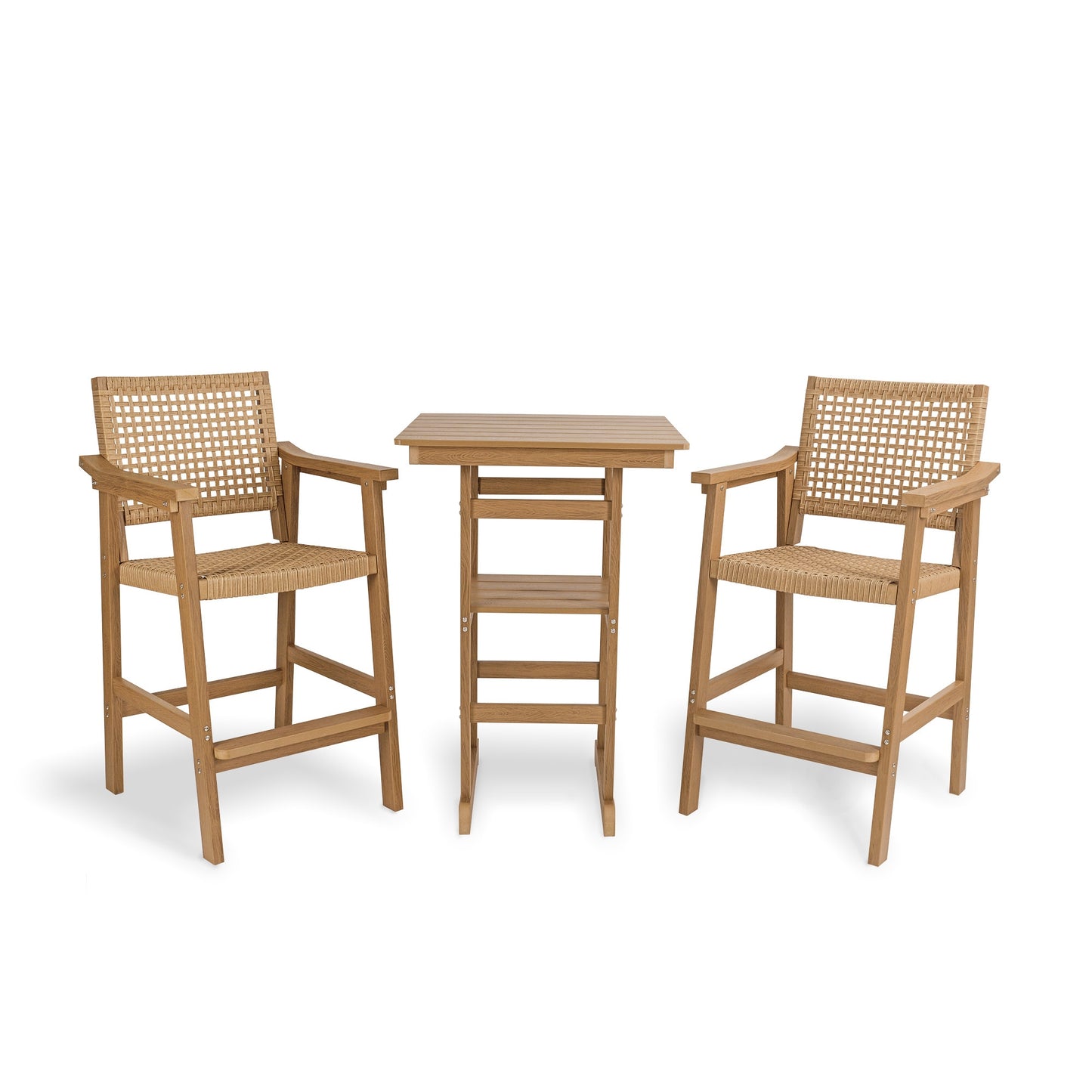 Fortune Candy 3 Piece Poly Lumber Weather Resistant Patio Bar Set Includes PE Rattan Outdoor Bar Stools with HIPS Table