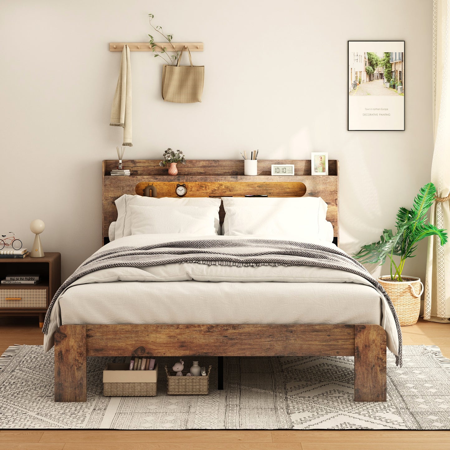 LOVMOR King Size Wood Platform Bed Frame Storage LED Headboard 2 USB Noise Free No Box Spring Dark Brown