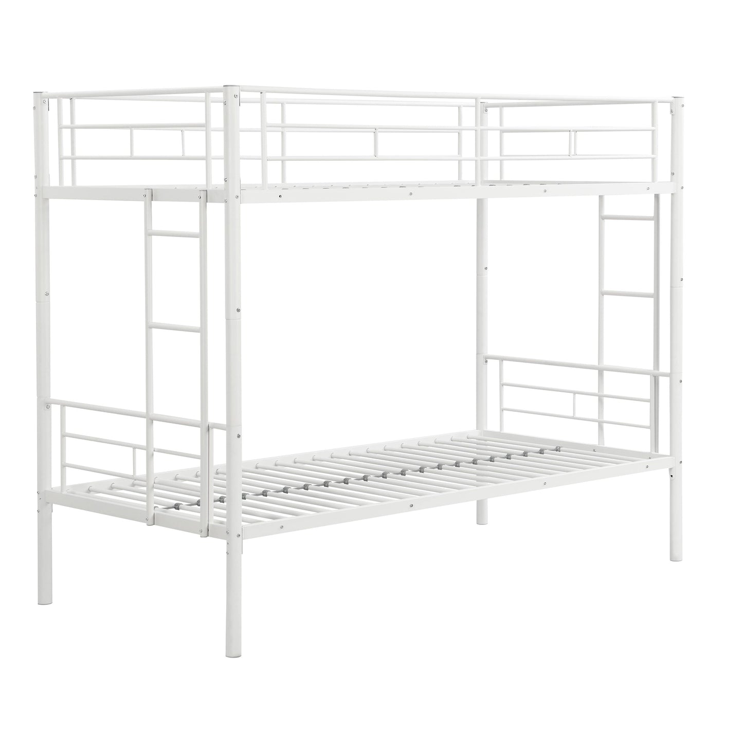 Vynxaria White Metal Frame Twin Bunk Platform Bed Staircase Safety Rails 350LBS White