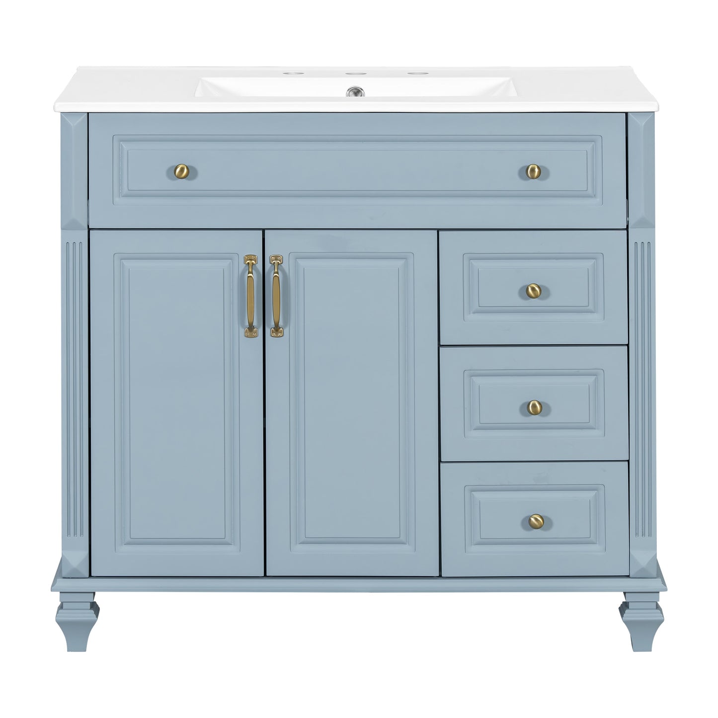 LOVMOR 36 Inch Bathroom Vanity with Sink Blue Grey Solid Wood 3 Drawers 2 Doors Golden Handles