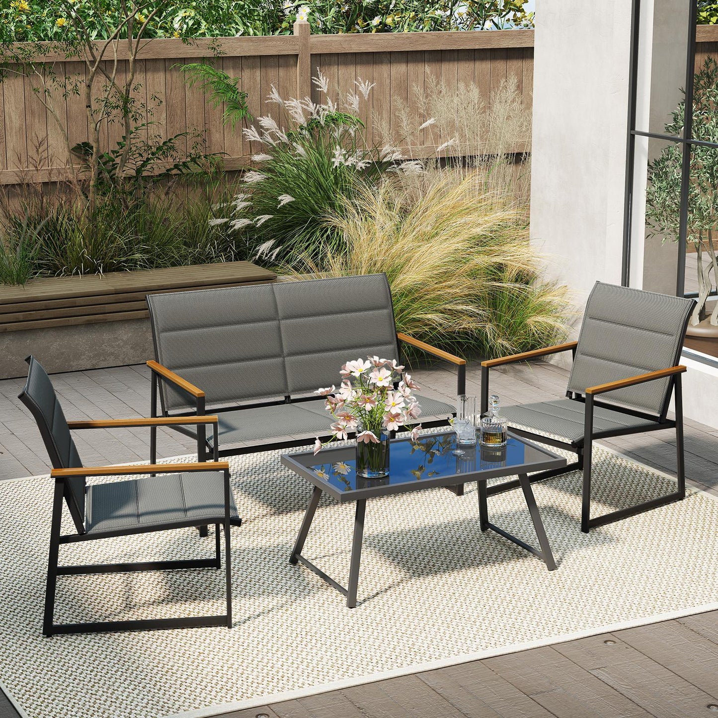BABOOM 4-Piece Outdoor Patio Furniture Set with Cushioned Loveseat Chairs and Glass Coffee Table