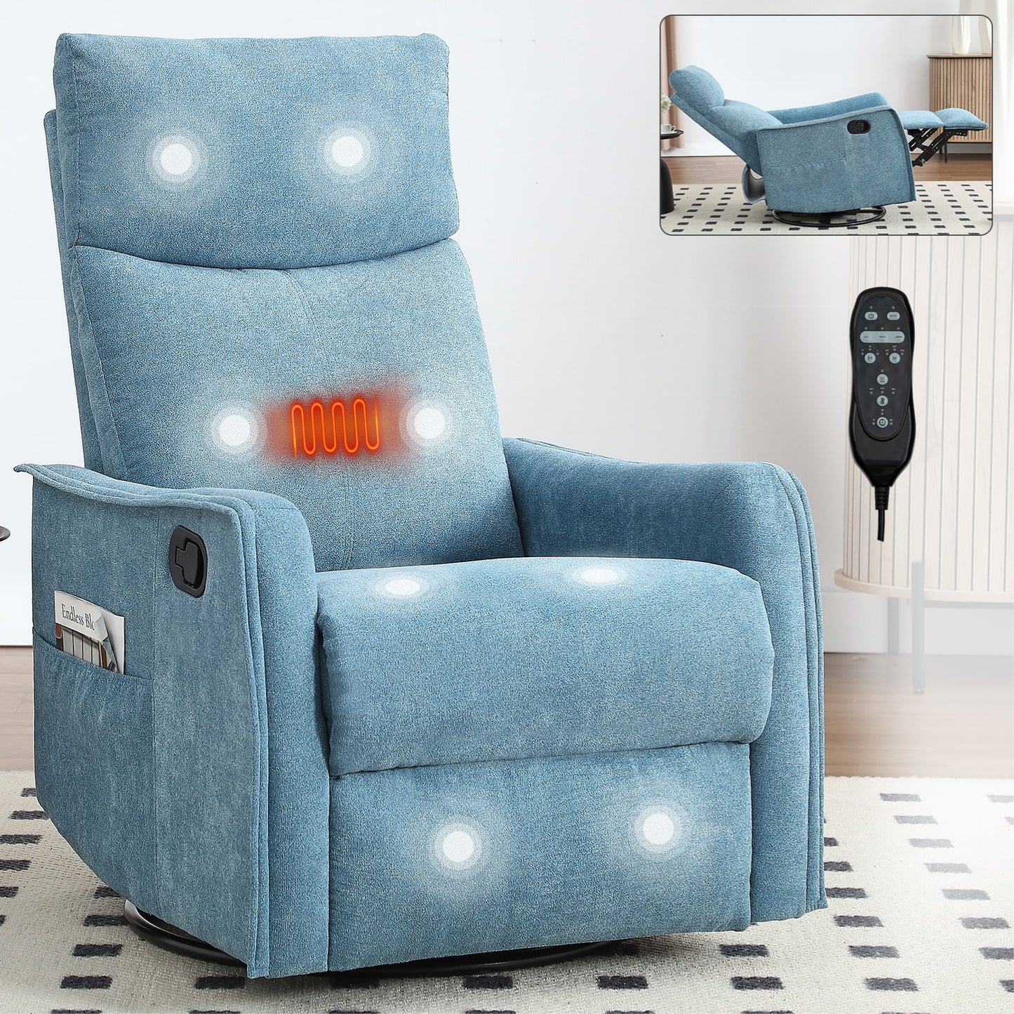 LOVMOR Heat Massage Manual Recliner Chair with Rocker and Swivel in Fabric for Living Room Blue
