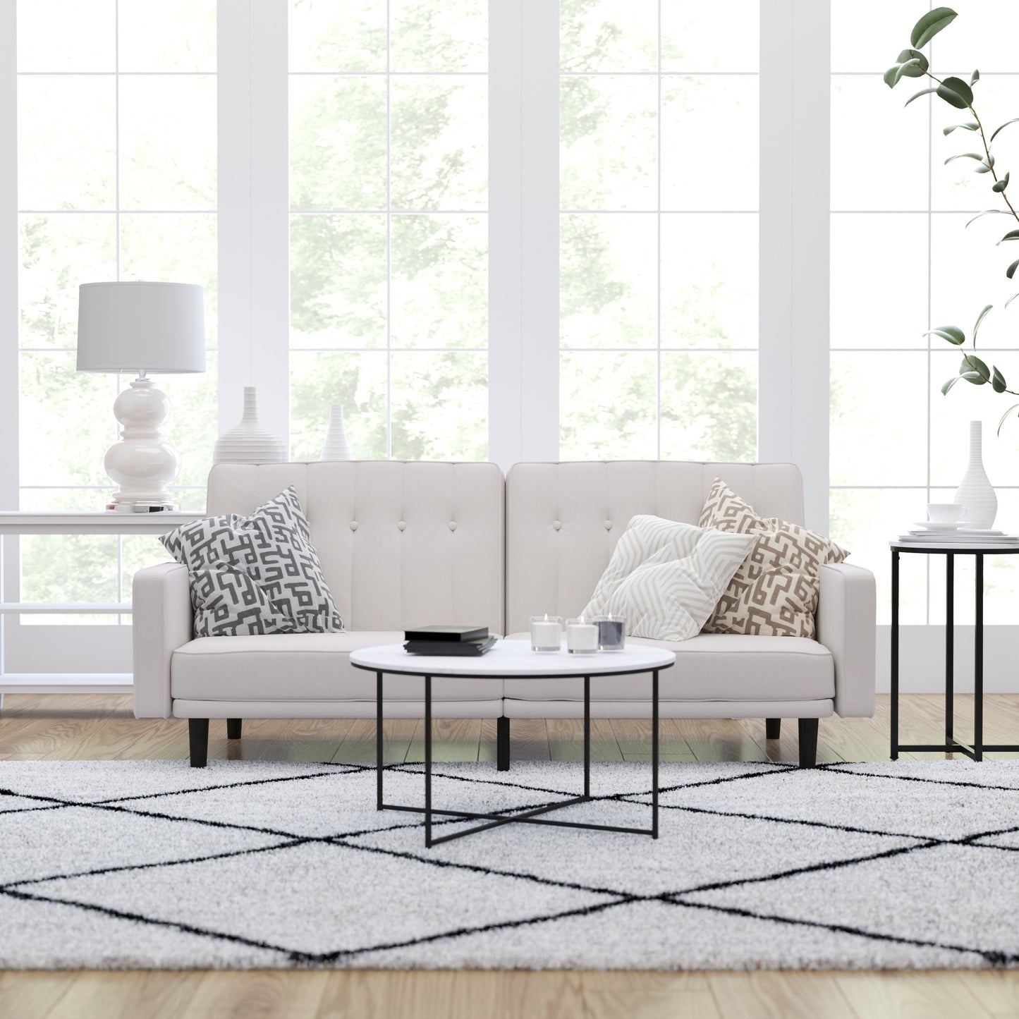 Merrick Lane Ramey Mid Century Modern Split-Back Sofa Futon with 3 Recline Positions In Elegant Stone Faux Linen Upholstery