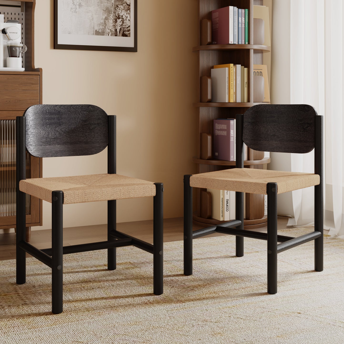 LOVMOR Wooden Dining Chairs with Beige Paper Rope Weave Seat Indoor Armless Kitchen Chairs Set of 2