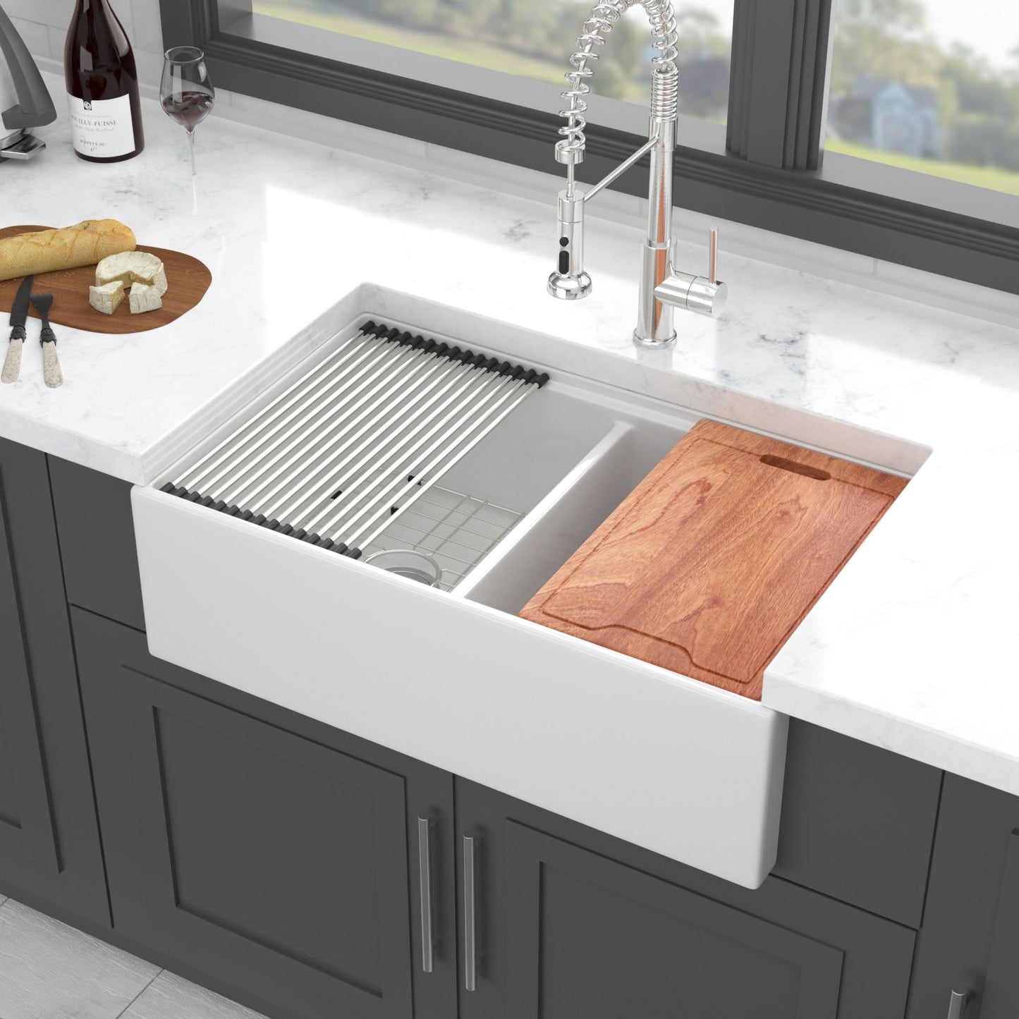 Tatayosi White Farmhouse Sink Workstation - 33 inch White Ceramic Double Bowl Farm Kitchen Sink